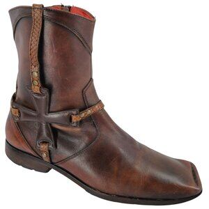 Mark Nason Italy Iron Cross Zip Boots Mens 9 Distressed Brown Leather Rock Lives